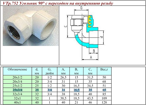 Угольник ф25х3/4" внуттренняя резьба, полипропилен VTp.752 VALTEC купить в СОМ