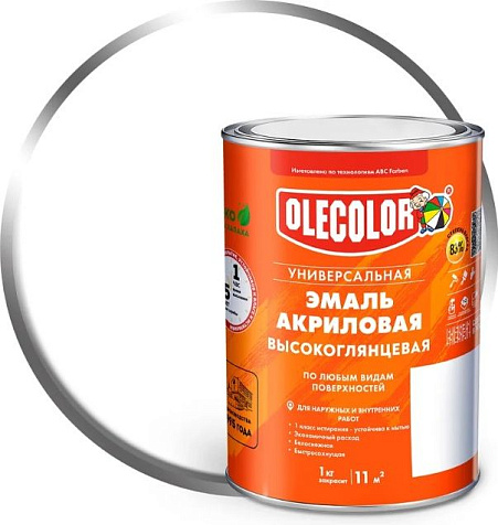 Эмаль акриловая Olecolor универсальная, высокоглянцевая, белый, 0,9 кг купить в СОМ