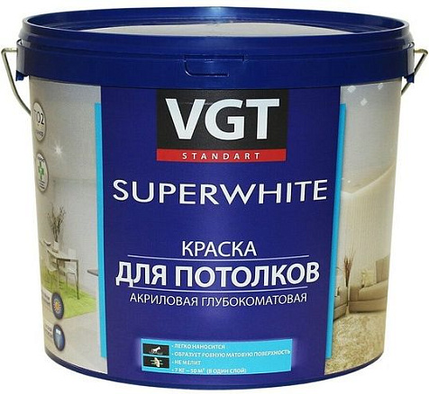 Краска акриловая VGT, для потолков, супербелая, 7 кг купить в СОМ